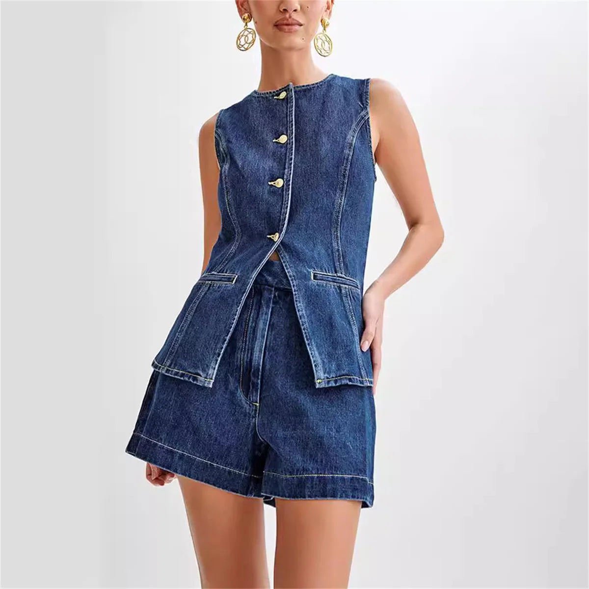 Women's Summer Denim 2-Piece Set – Sleeveless Button-Up Vest Top and High Waist Wide Leg Shorts for Casual or Office Wear