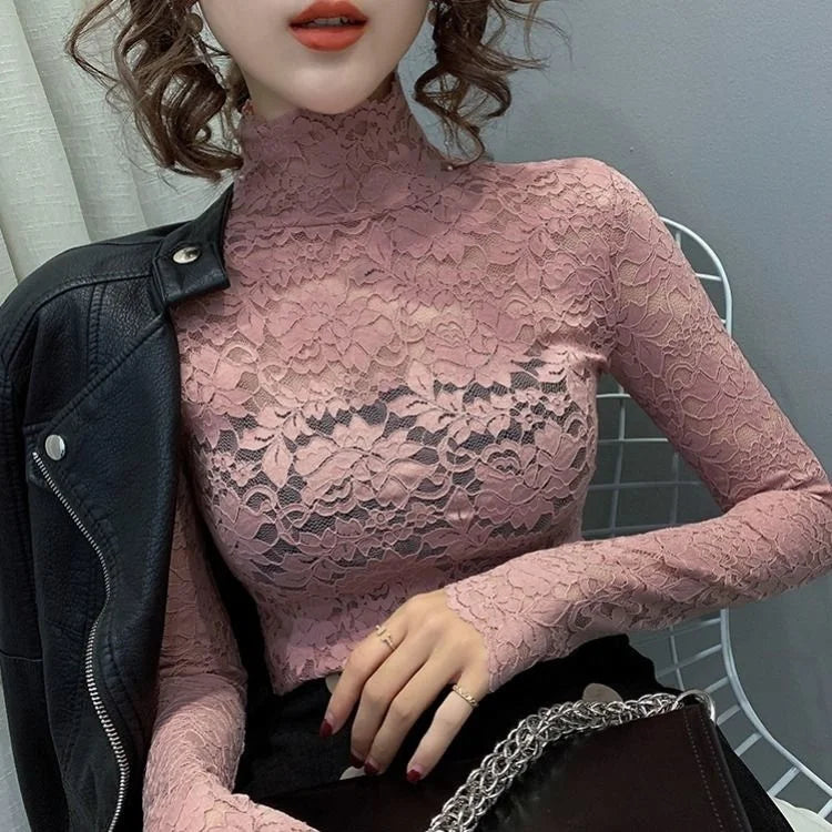 Versatile High Neck Lace Blouse – Elegant Slim Fit with Mock Neckline and Lace Trim