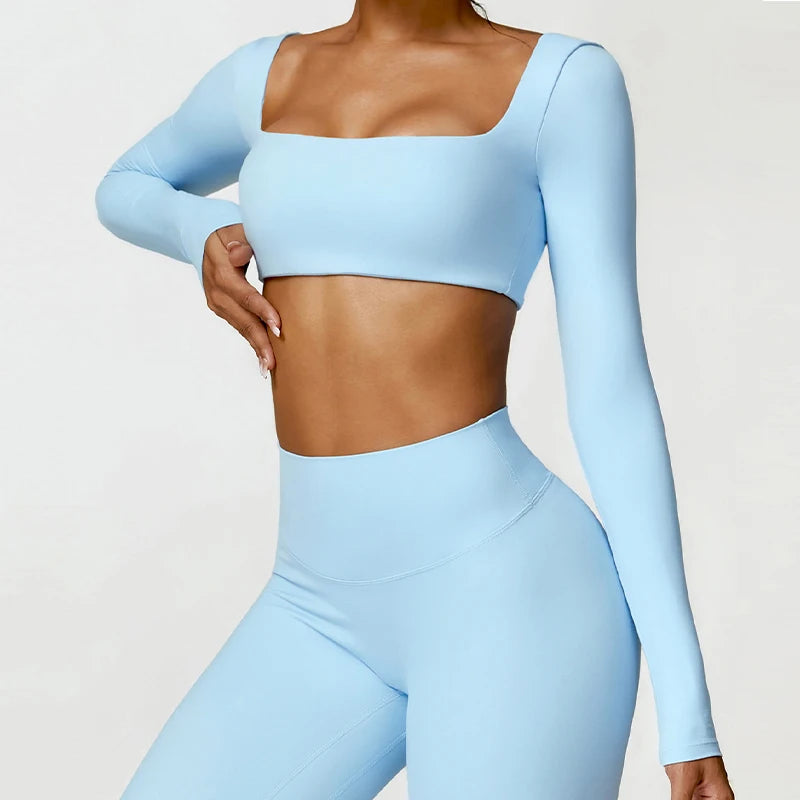 Square Neck Long Sleeve Sports Crop Top – Quick-Dry Yoga & Training Shirt for Women