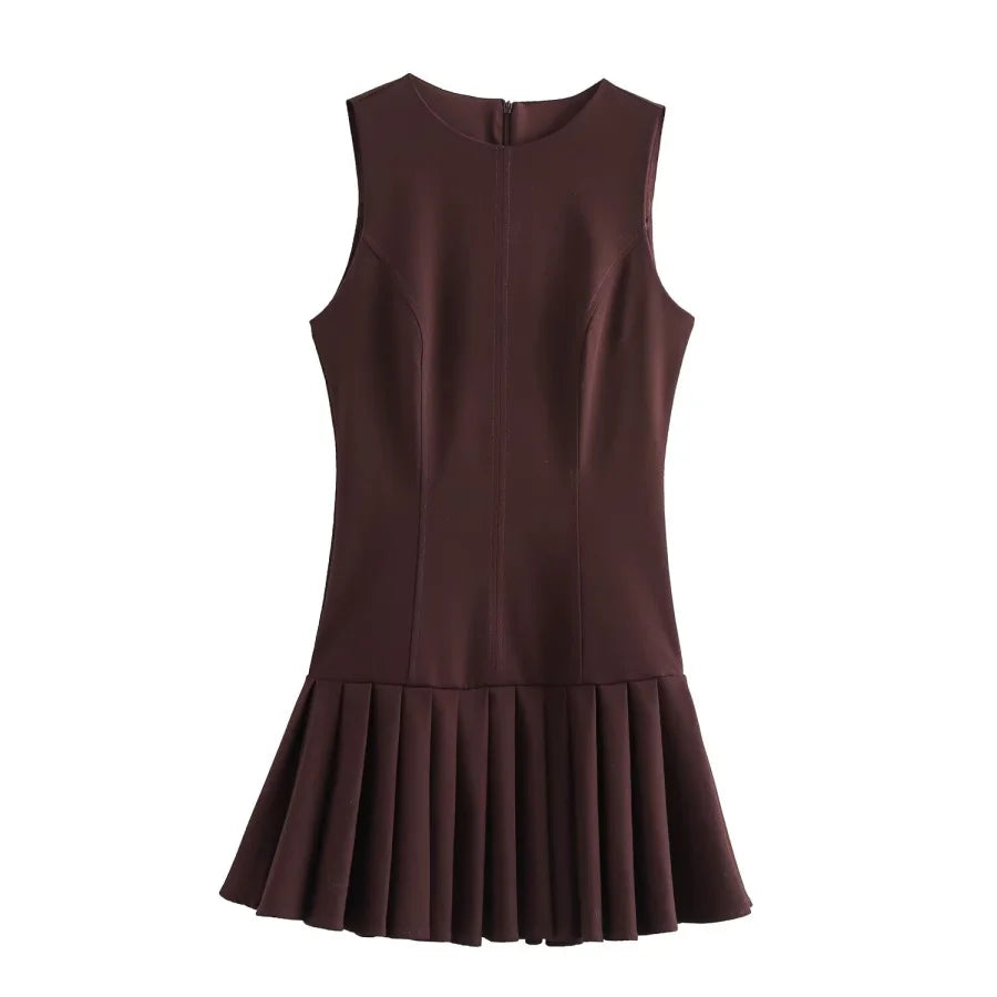 Brown Sleeveless 3D Cutout Mini Dress with Pleated Skirt and Round Neck