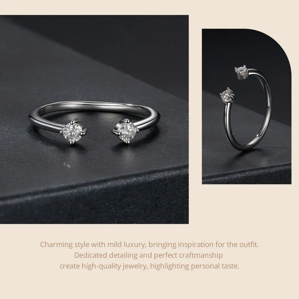 Adjustable Moissanite Open Ring – White Gold Plated 925 Sterling Silver with 0.1CT D Color VVS1 Stone for Women