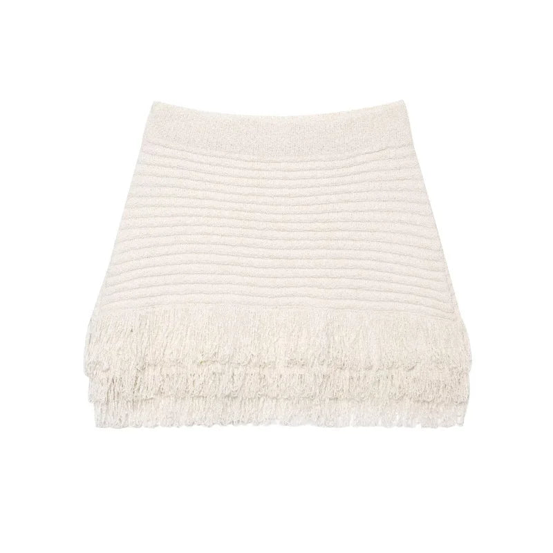 Women's Elegant Knit Two-Piece Set – Tassel Embellished Hollow Out Short Sleeve Blouse & Mini Skirt