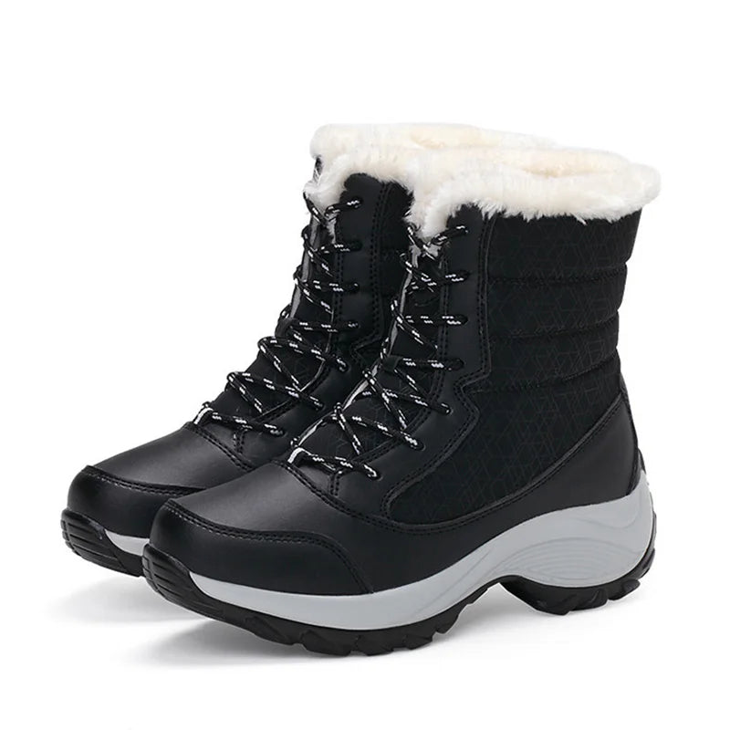 Women's Mid-Calf Winter Boots – Warm Plush Lined Platform Boots with Wedge Heel and Lace-Up Design