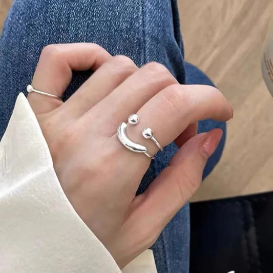 925 Sterling Silver Playful Smiling Face Ball Cocktail Ring for Women – Adjustable Statement Jewelry for Birthday, Party, or Everyday Style