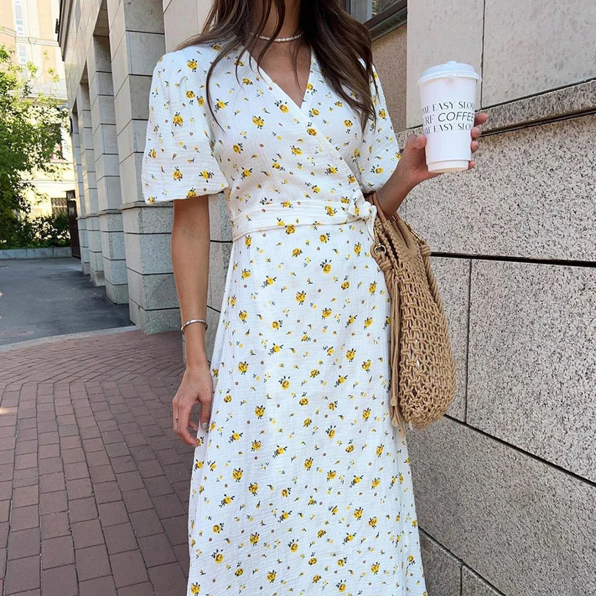 Women's Printed Cotton V-Neck Dress – Lace-Up Waist, Short Sleeve, Long Casual Summer Dress