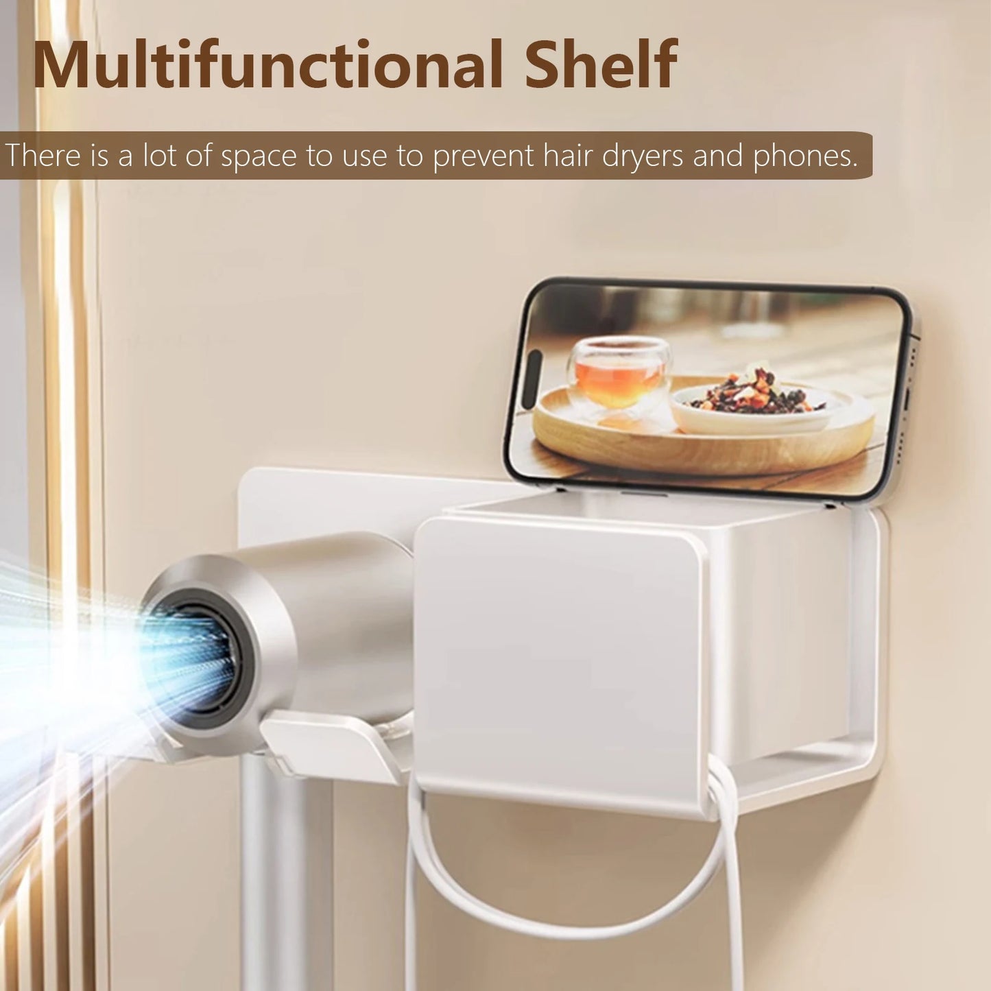 Wall Mounted Hair Dryer Organizer – Dual-Tier Bathroom Shelf