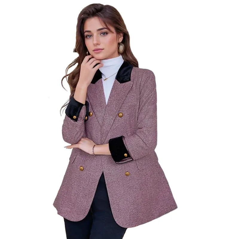 Women's Plus Size Thick Vintage Blazer – Notched Collar Double-Breasted Autumn Winter Jacket