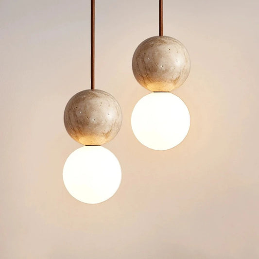 Stone Cream LED Pendant Light – Retro Round Ball Hanging Chandelier for Bedroom, Bedside, Bar, or Dining Table – Modern Long-Line Luminaire