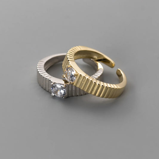 925 Sterling Silver Stripe Zircon Open Ring – Classic Adjustable Cocktail Jewelry for Women