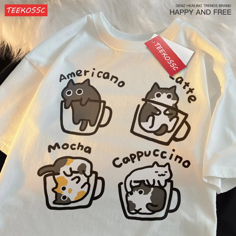 Cat Coffee Cotton T-Shirt – Fun Mocha Latte Print, Loose Fit Summer Tee for Men and Women