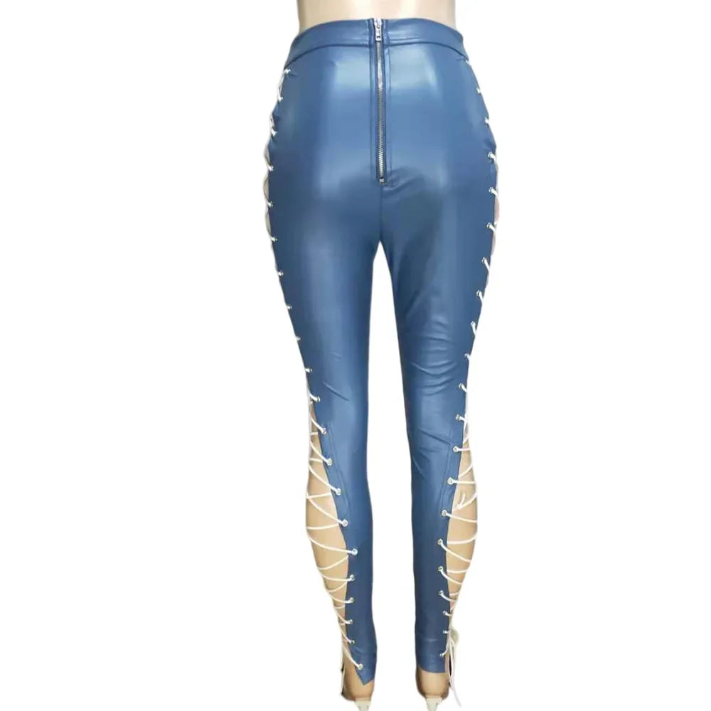 Women’s Lace-Up Faux Leather Pants – High Waist Cut-Out Bandage Trousers with Drawstring Detail for Autumn/Winter Chic Streetwear