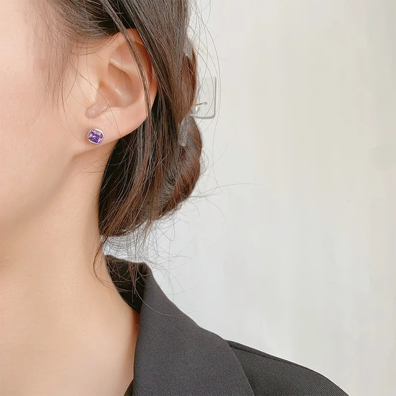 925 Sterling Silver Square Purple Zircon Stud Earrings – Elegant Women’s Piercing Jewelry for Party or Formal Wear
