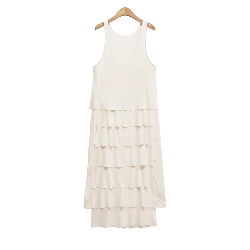 Sleeveless Tiered Cake Dress – Minimalist Flowy Summer Maxi with Soft Drape