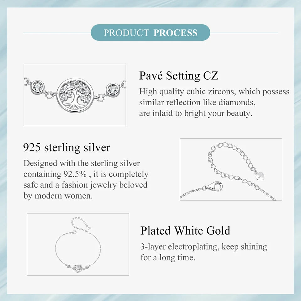 Tree of Life Bracelet – 925 Sterling Silver Adjustable Chain with Zircon Accents for Women