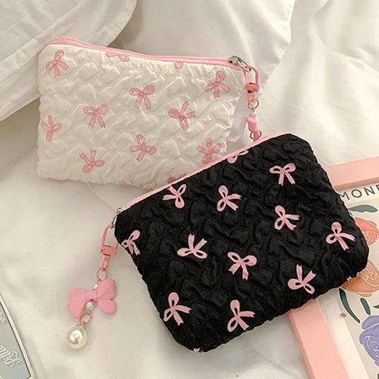 Color Bow Canvas Makeup Bag – Fashionable Clutch-Style Cosmetic Organizer with Large Capacity