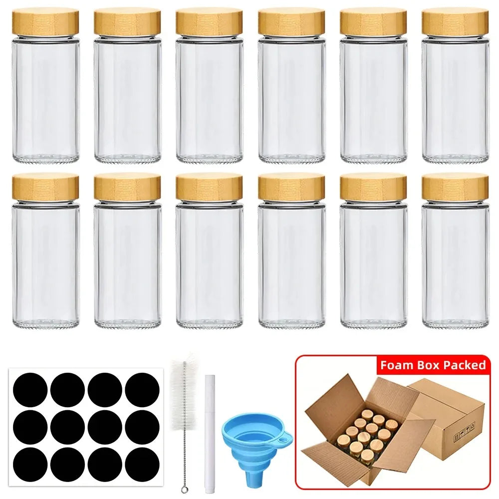 12-Piece Glass Spice Jar Set with Bamboo Lids – Includes Minimalist Labels, Stickers & Collapsible Funnel for Organized Kitchen Storage