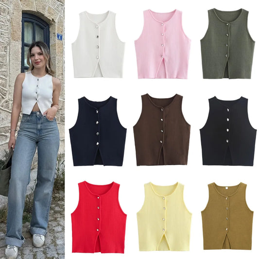 Slim Fit Knit Button Vest – Sleeveless Round Neck Solid Color Crop Top