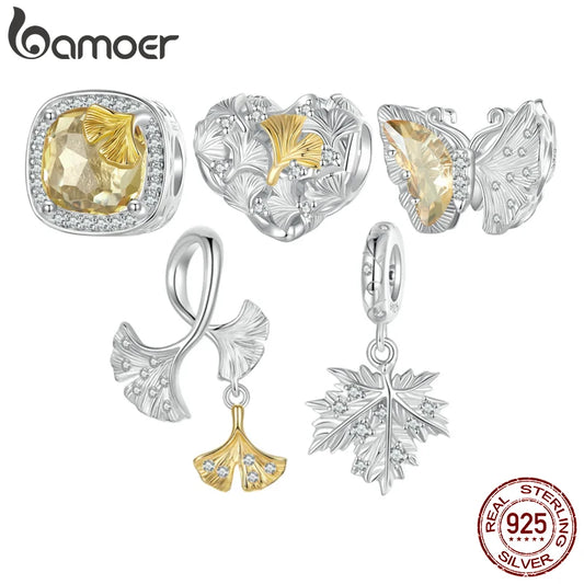 925 Sterling Silver Ginkgo Leaf and Butterfly Heart Charm – Autumn Collection Bead with Zircon for DIY Bracelets