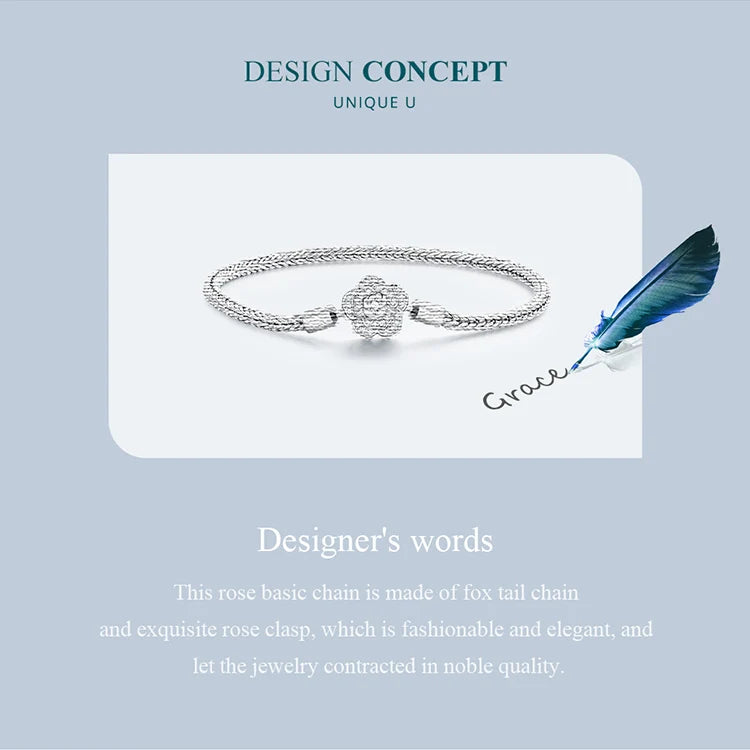 925 Sterling Silver Rose Buckle Snake Chain Bracelet with Zircon – DIY Charm Bracelet for Women