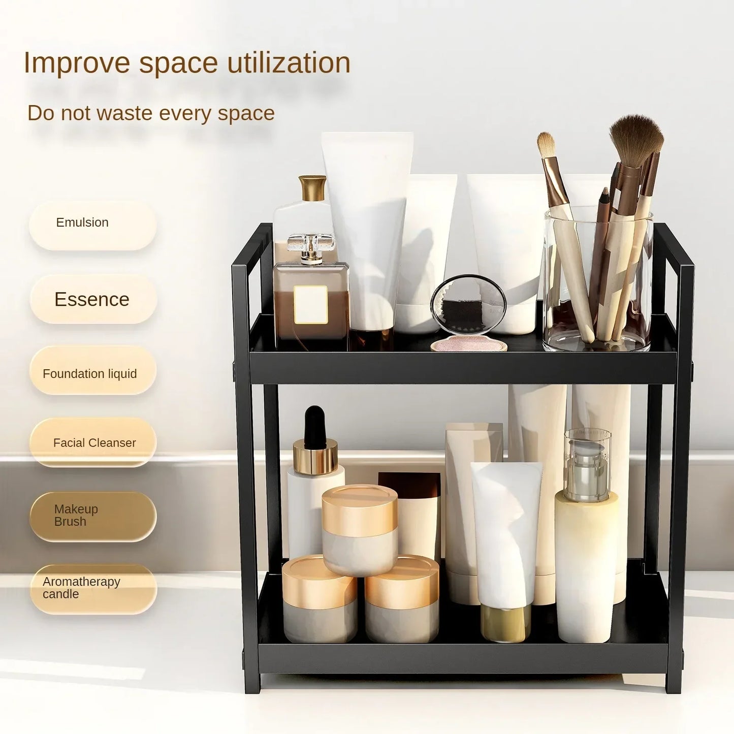 2-Tier Sliding Under Sink Organizer – Double-Layer Cabinet Basket Rack with Hooks and Hanging Cup for Kitchen or Bathroom