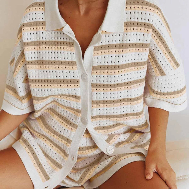 Women's Striped Summer Knit Lounge Set – Button-Up Crochet Blouse and Elastic Waist Shorts Two-Piece Outfit