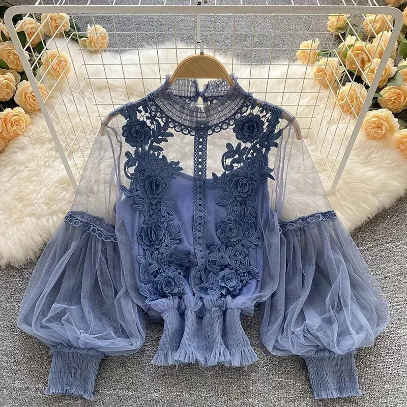 Vintage Lace Patchwork Blouse with Puff Sleeves – Elegant Slim Fit Shirt for Women