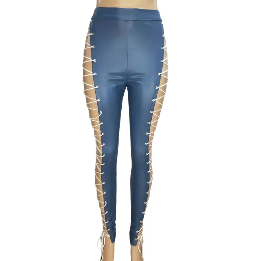Women’s Lace-Up Faux Leather Pants – High Waist Cut-Out Bandage Trousers with Drawstring Detail for Autumn/Winter Chic Streetwear