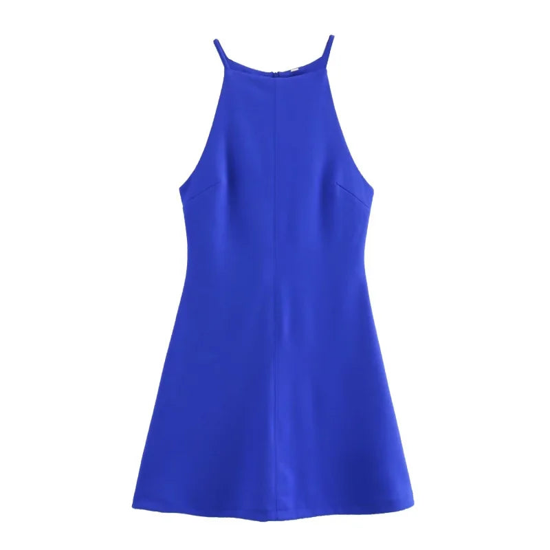 Stretch Knit Halter Mini Dress – 2024 TRAF Sleeveless A-Line Summer Fit with Interlock Neck