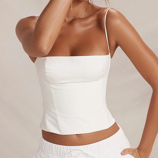 Women's Y2K Backless Zip-Up Corset Crop Top – Elegant Spaghetti Strap Bustier Camisole for Summer Clubwear and Vintage Style