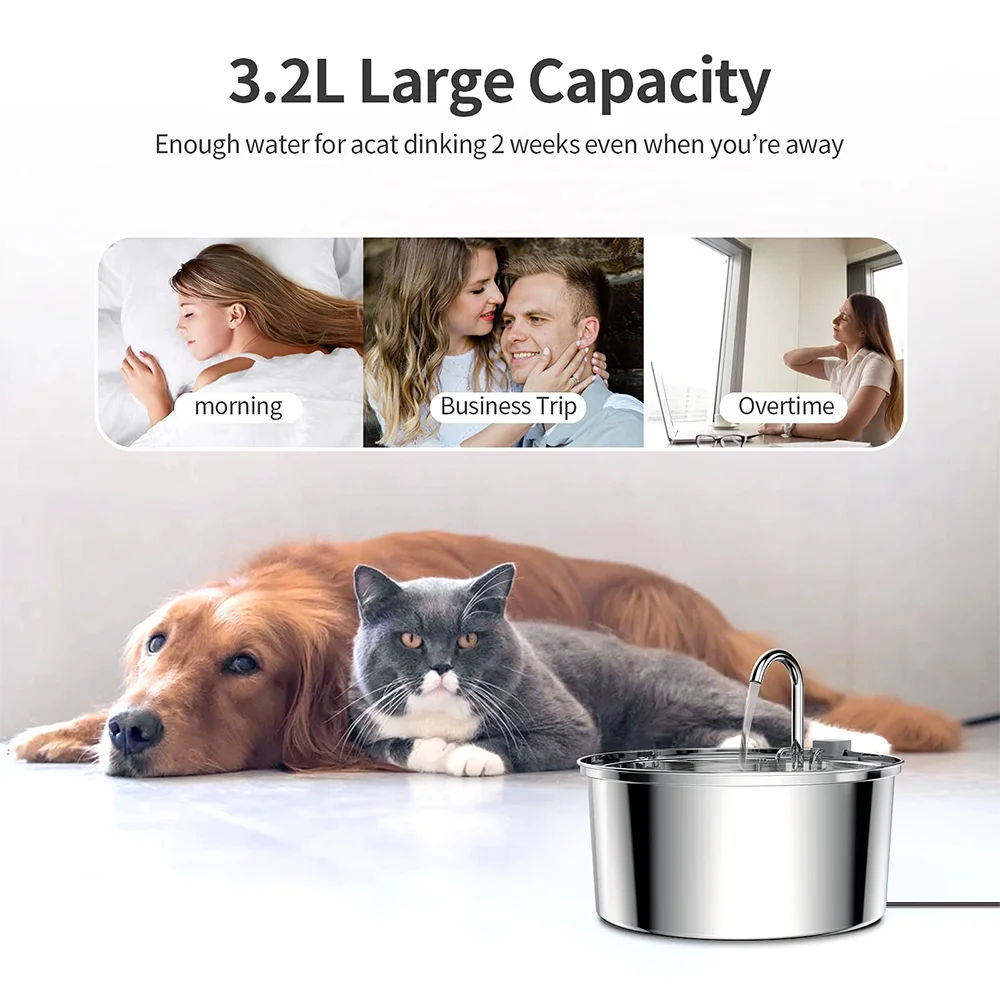 3L Stainless Steel Pet Water Fountain – USB Quiet Smart Automatic Drinking Bowl with Dual Filter for Cats & Dogs