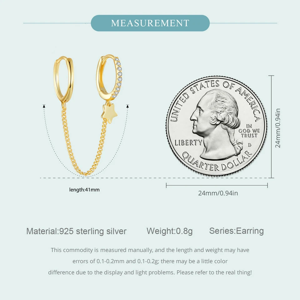 Sterling Silver Mono Double Hoop Chain Earring – Star Statement Design for Women & Teen Girls (Single Piece)