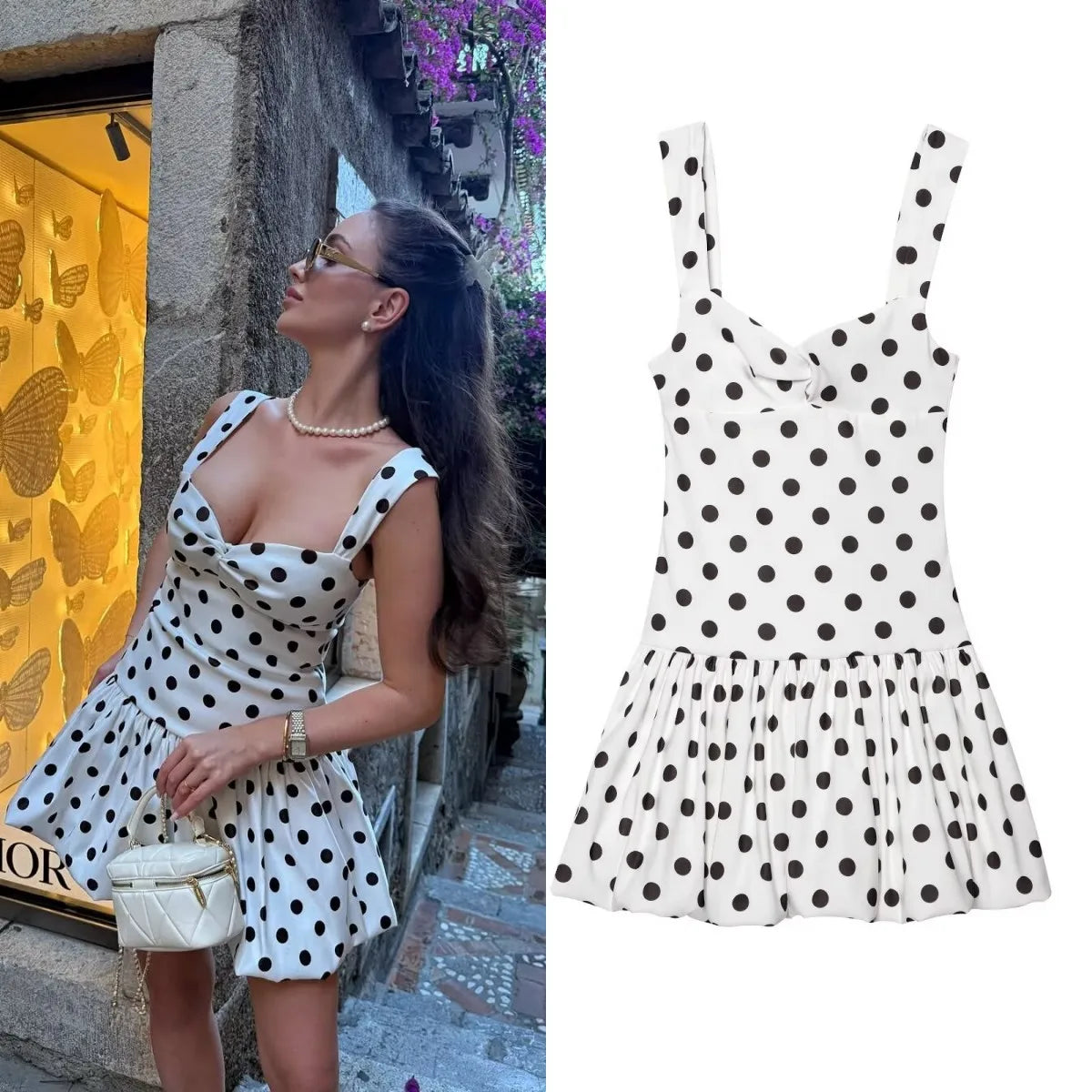 Women's Polka Dot Balloon Hem Mini Dress – Sleeveless Sweetheart Neck Beach Style Summer Sundress