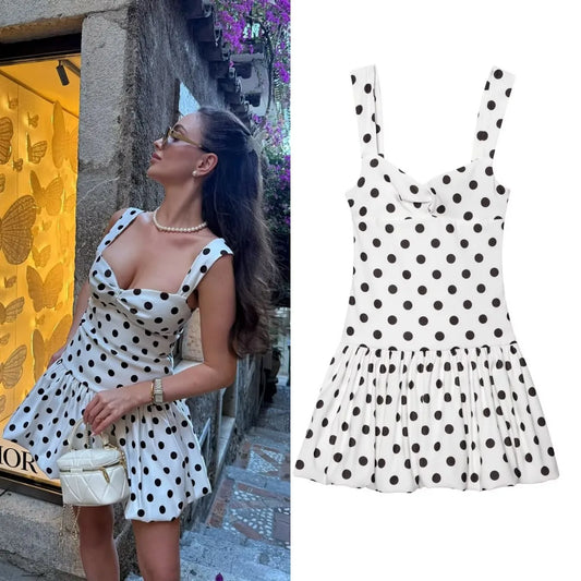 Women's Polka Dot Balloon Hem Mini Dress – Sleeveless Sweetheart Neck Beach Style Summer Sundress