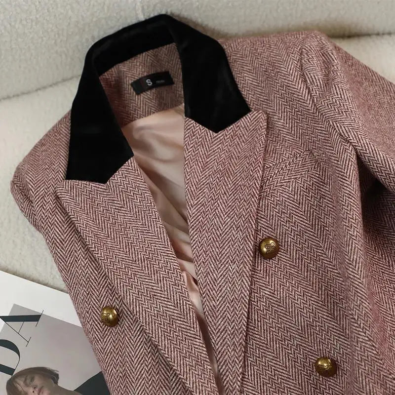 Women's Plus Size Thick Vintage Blazer – Notched Collar Double-Breasted Autumn Winter Jacket
