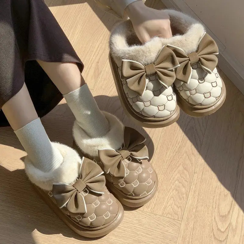 Women's Platform Snow Booties – Cute Bowknot Indoor Winter Slippers with Plush Lining and Flat Sole