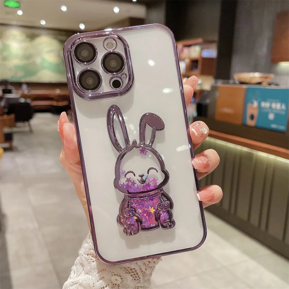Cartoon Bear Glitter Quicksand Case for iPhone 7/8 Plus/X/XS/XR/11/12/13/14/15/16 Series – Transparent TPU Cover with Plating and Camera Protection