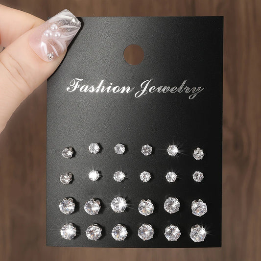 12-Pair Set Zircon Crystal Stud Earrings – Silver Color Round Ear Jewelry for Women and Men