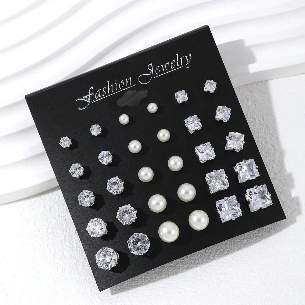 12-Pair Set Zircon Crystal Stud Earrings – Silver Color Round Ear Jewelry for Women and Men