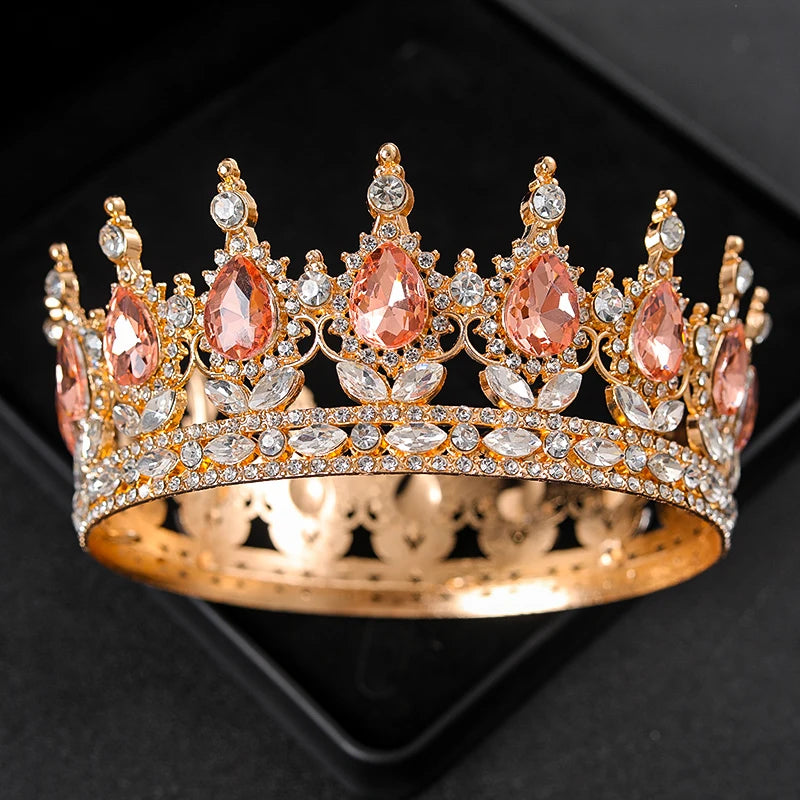 Baroque Round Rhinestone Wedding Crown – Vintage Crystal Tiara Headpiece for Bridal, Queen, or Pageant Looks