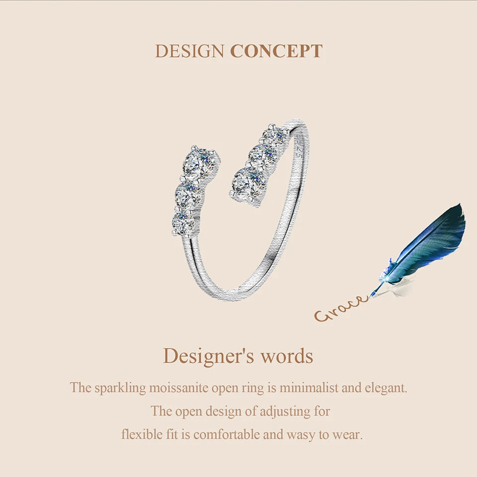 Adjustable Moissanite Open Ring – White Gold Plated 925 Sterling Silver with D Color VVS1 Stone for Women