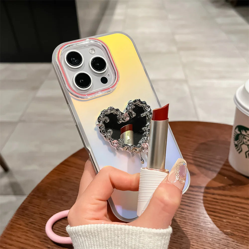 Aurora Love Heart Mirror Case with Wrist Strap for iPhone 16/15/14/13 Pro Max – Laser Gradient Lanyard Makeup Cover