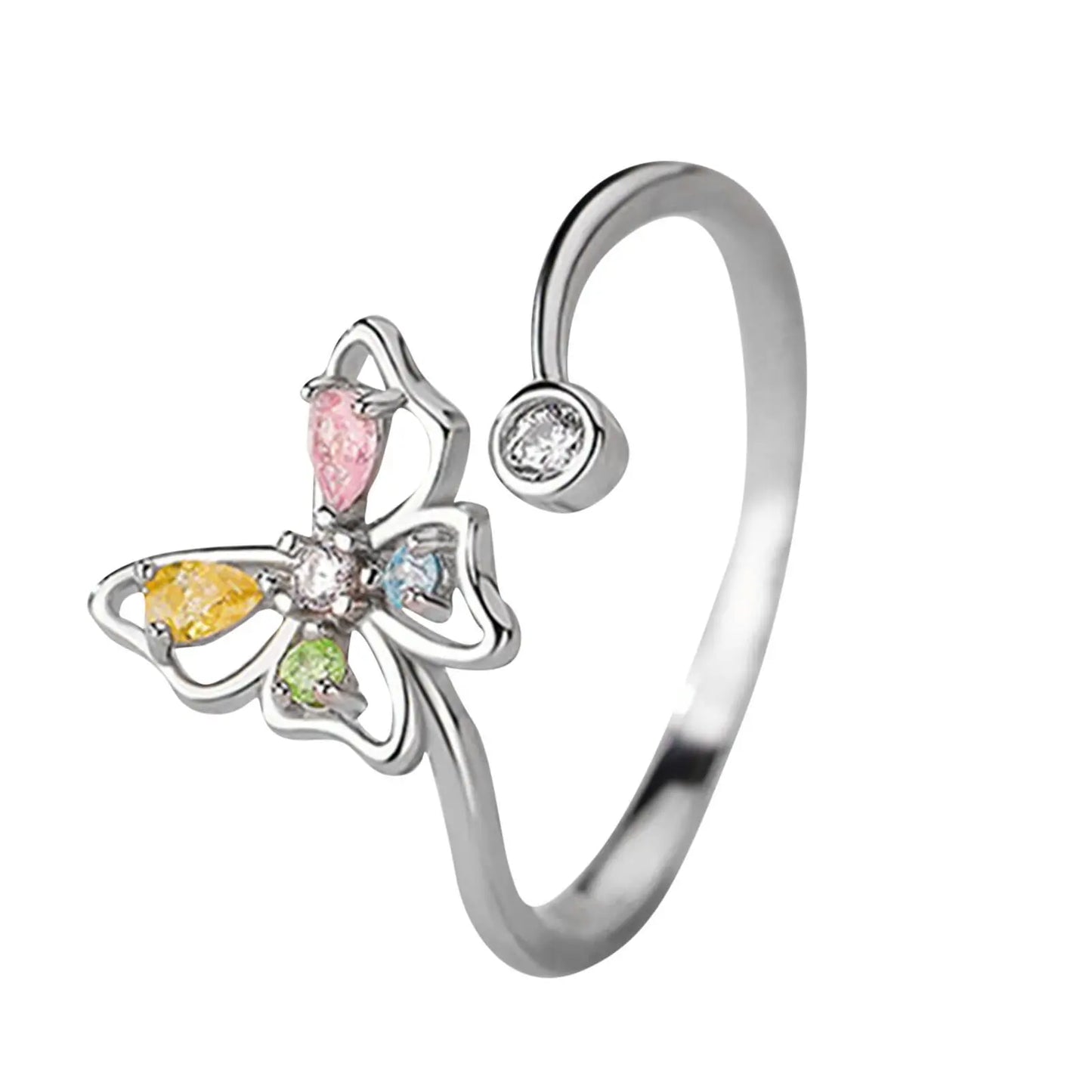 Vintage 925 Sterling Silver Adjustable Butterfly Ring with Zircon – Elegant Open Insect-Inspired Cocktail Ring for Women