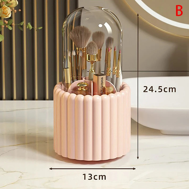 360° Rotating Makeup Brush Holder with Lid – Dustproof Lipstick & Cosmetic Organizer Storage Box