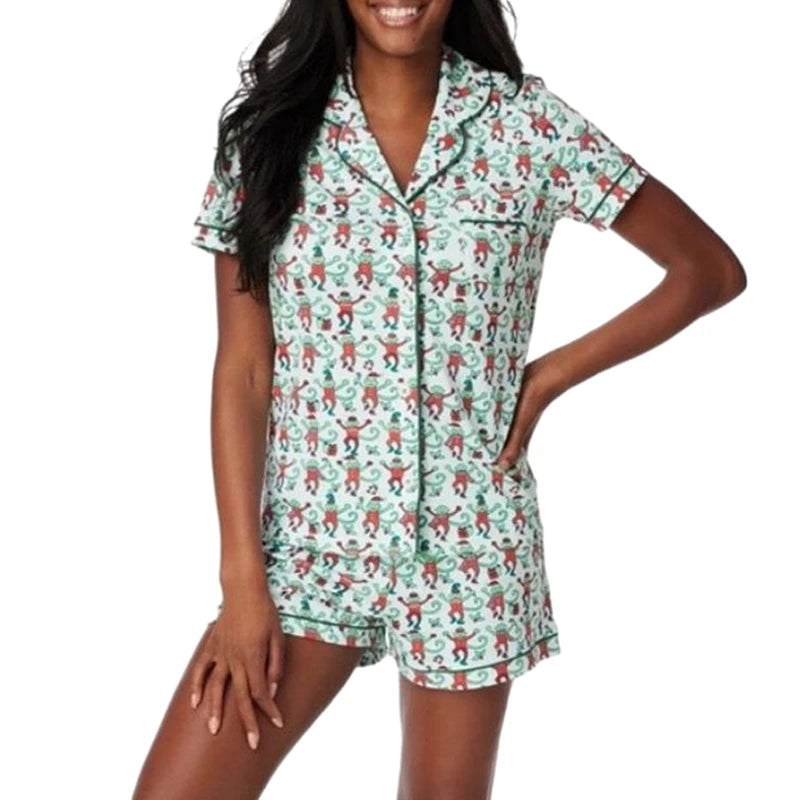 Women's Kawaii Cartoon Print Pajama Set – Y2K Short Sleeve Button-Up Shirt and Shorts Sleepwear for Summer Loungewear