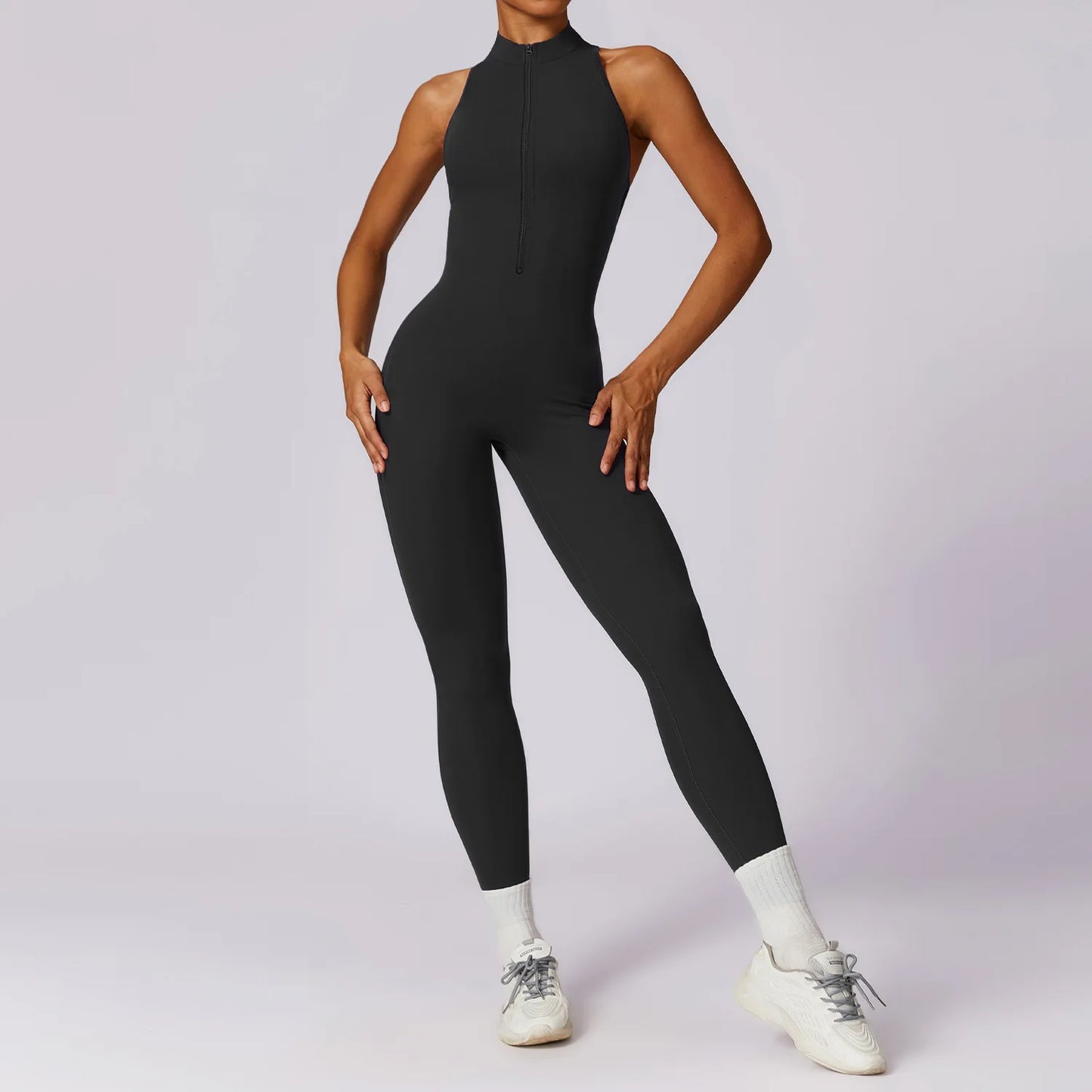 V-Back One-Piece Sports Jumpsuit for Women – Sleeveless Zipper Workout Romper for Yoga, Running & Fitness