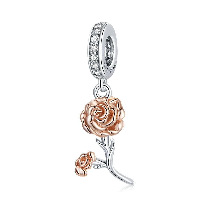 3D Rose Flower Charm Pendant – 925 Sterling Silver with Rose Gold Finish for Bracelets or Necklaces