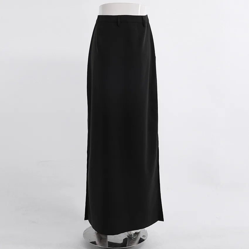 Women's Vintage High Waist Split Long Skirt – Casual Cotton Blend Buttoned Maxi for Spring and Summer