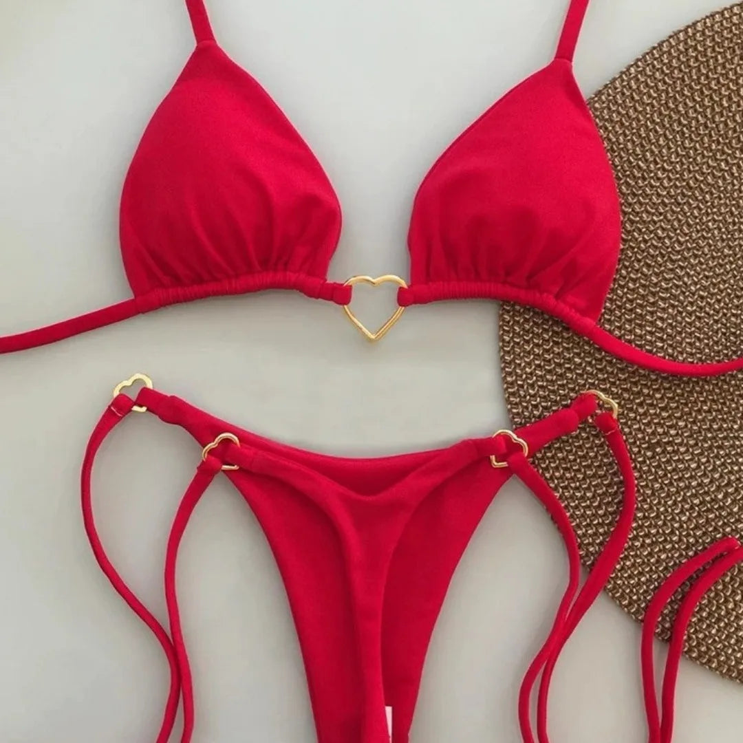White Solid Color Lace-Up Bikini Set – Fashionable Low-Waist Two-Piece Swimsuit for Women, Wire-Free Summer Beachwear