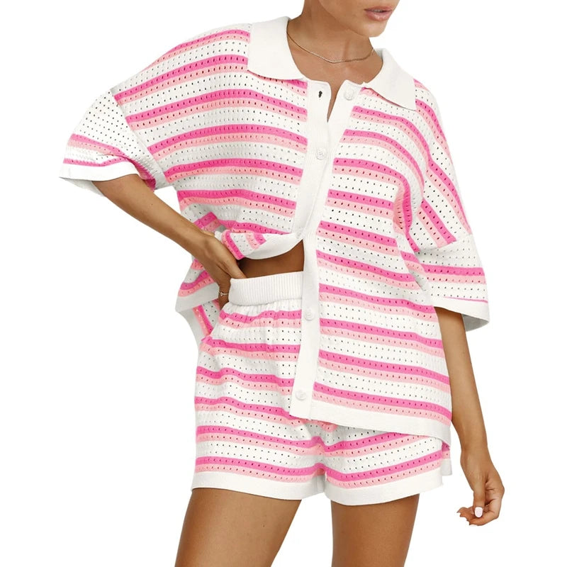 Women's Striped Summer Knit Lounge Set – Button-Up Crochet Blouse and Elastic Waist Shorts Two-Piece Outfit