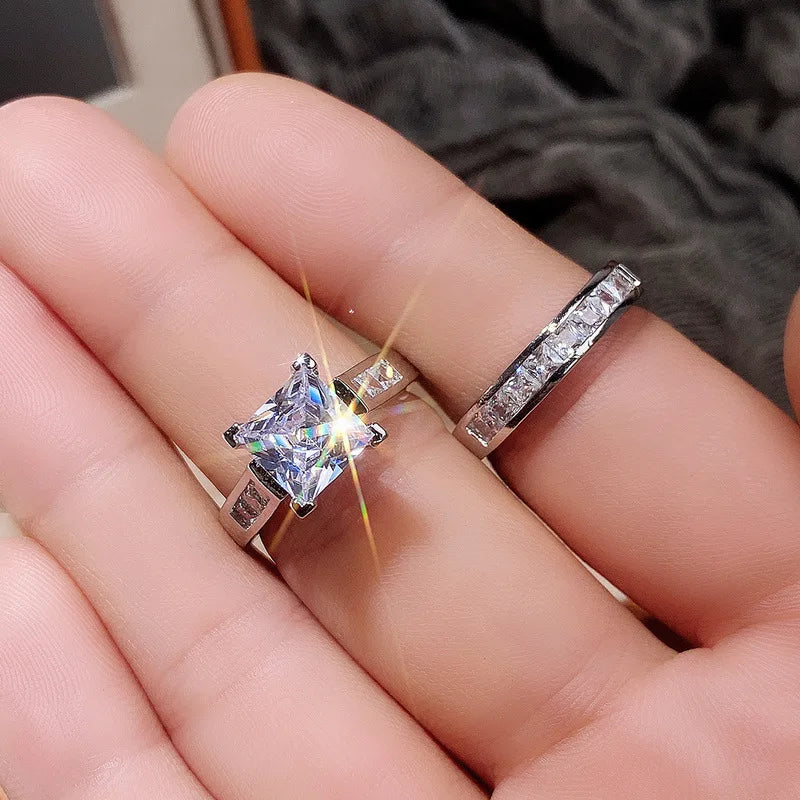18K White Gold 2-Piece Cushion Cut Diamond Ring Set for Women – 2 Carat Four-Prong Engagement and Wedding Bands with Side Stones